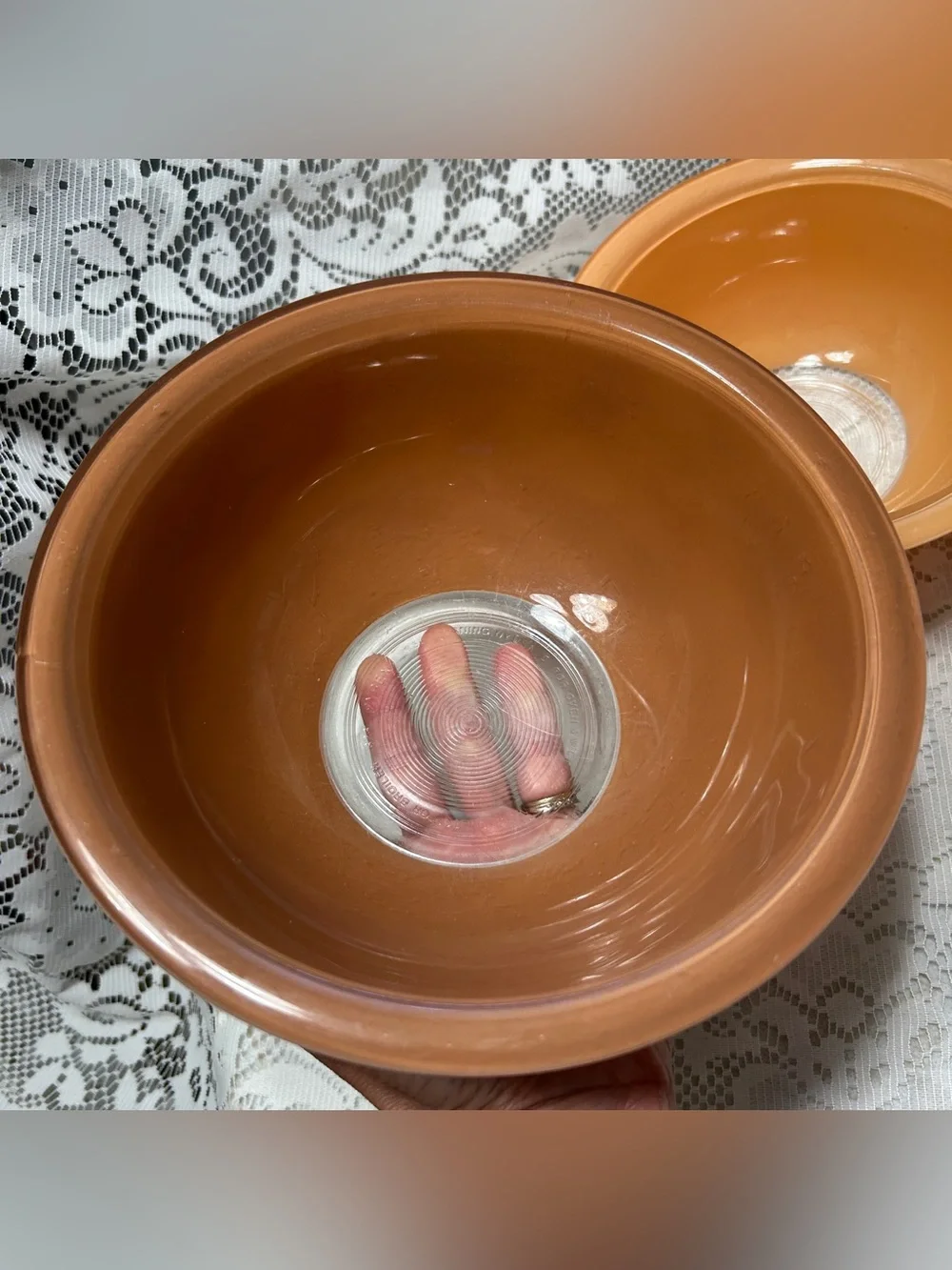 Vintage Pyrex Corning USA Peach & Brown Glass Mixing Bowls Set of 2